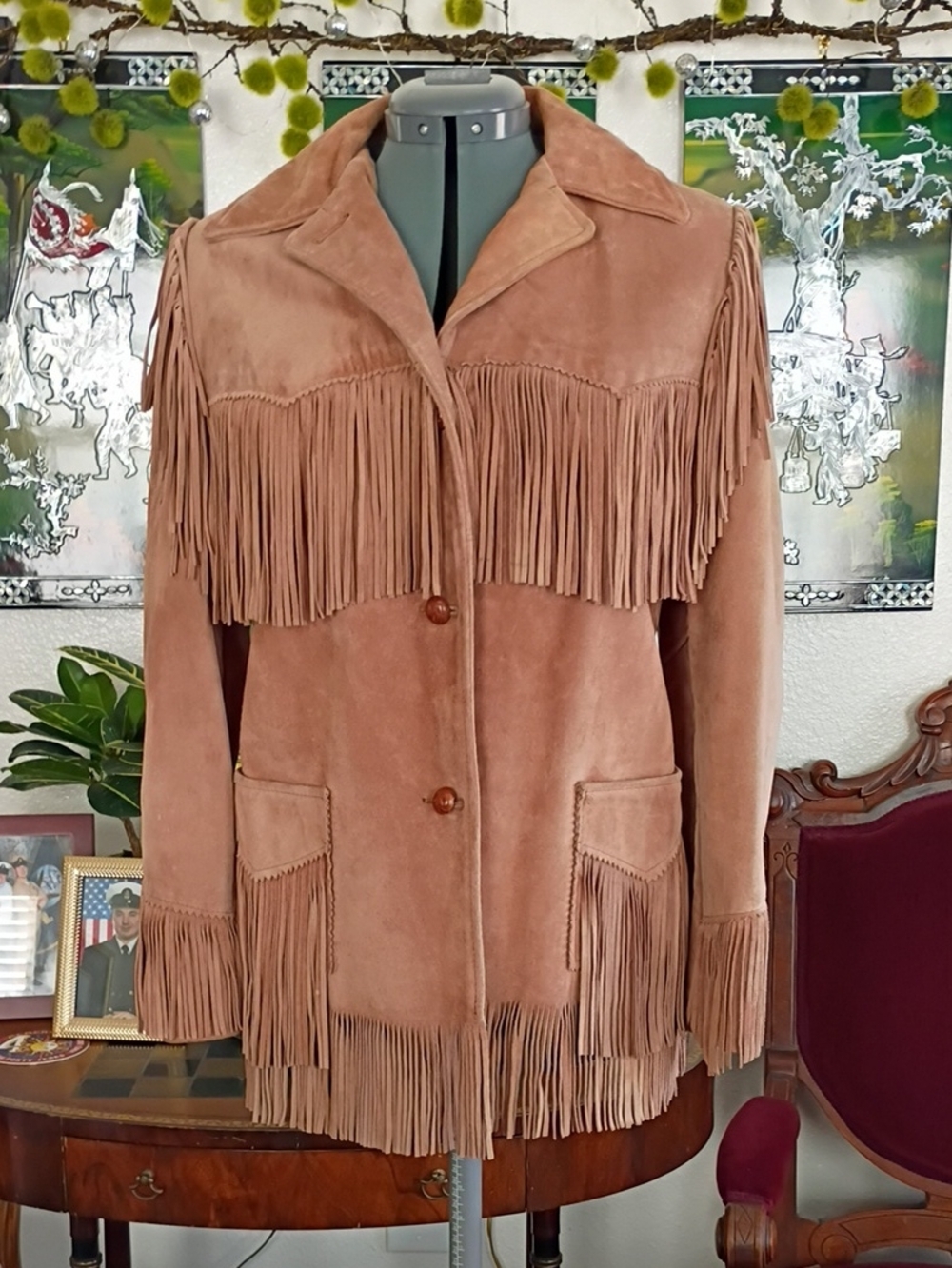 H Bar C Vintage Brown Suede Fringe Leather Jacket Size Medium
